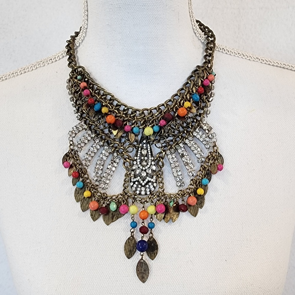 Bohemian Antique Brass‎ Statement Bib Necklace Rhinestone Multicolor Bead Leaf